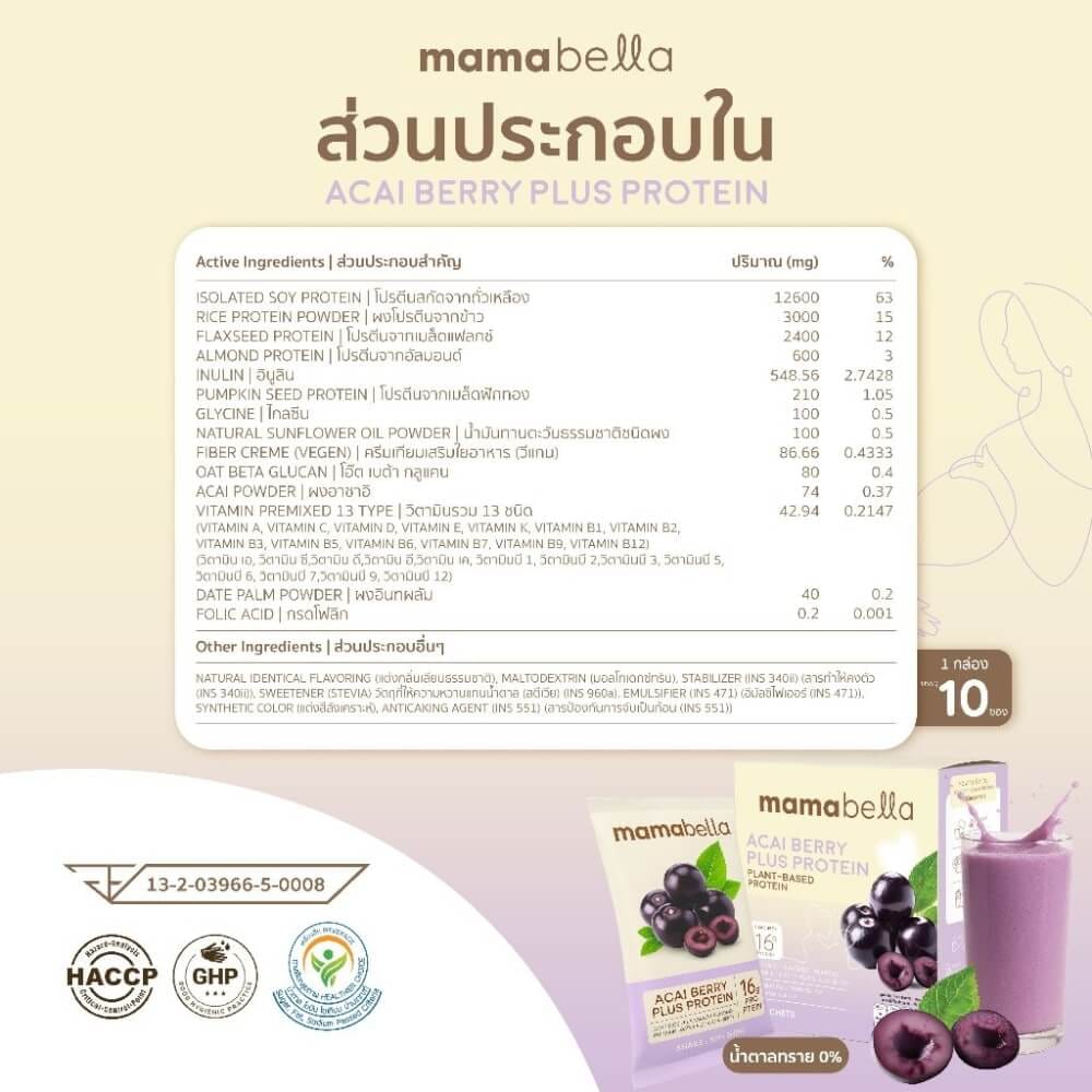 ผลิตภัณฑ์โปรตีนเสริมอาหารเพื่อบำรุงครรภ์ MAMABELLA รสอาซาอิเบอร์รี่ 20 กรัม/ซอง บรรจุ 10 ซอง (เพิ่มน้ำหนักให้ลูกในครรภ์)_2